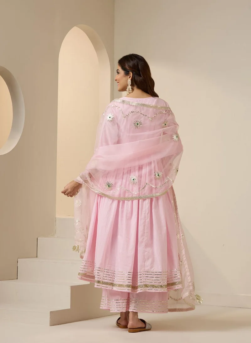 ISHIN  Women's Pink 100% Cotton Embroidered Tunic Full Length Palazzo Straight Fit Kurta Set for Women | Best Price UAE